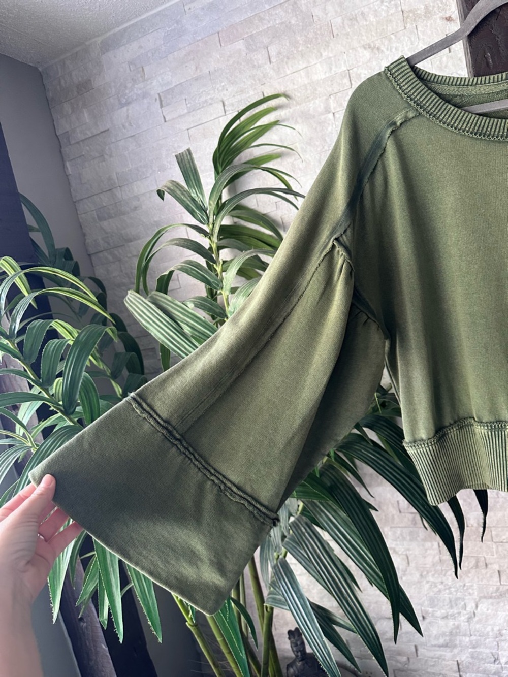 FP Movement by Free People Olive Green Washed Pullover Boho Sweatshirt Size M - Picture 6 of 9